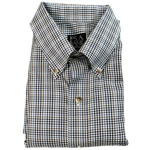 Jos A Bank Traveler's Collection Shirt Mens M Blue Brown Check Button Down